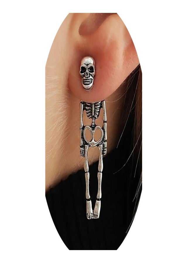 Meimimix Gothic Skull Earrings Punk Skeleton Groom Bride Front Back Stud Earrings Halloween for Women Girl (Silver) - Image 1